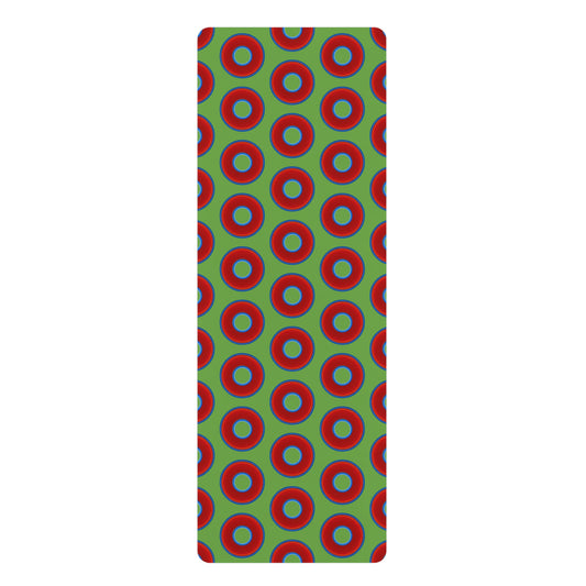 Lumpy Donut Yoga Mat :) - 24″ x 70" - vivid red donut print w/light green background