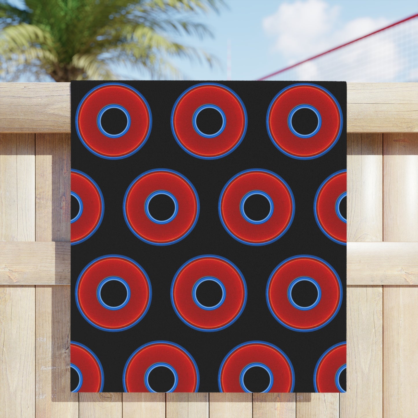 Lumpy Donut Towels - vivid red donuts w/black background