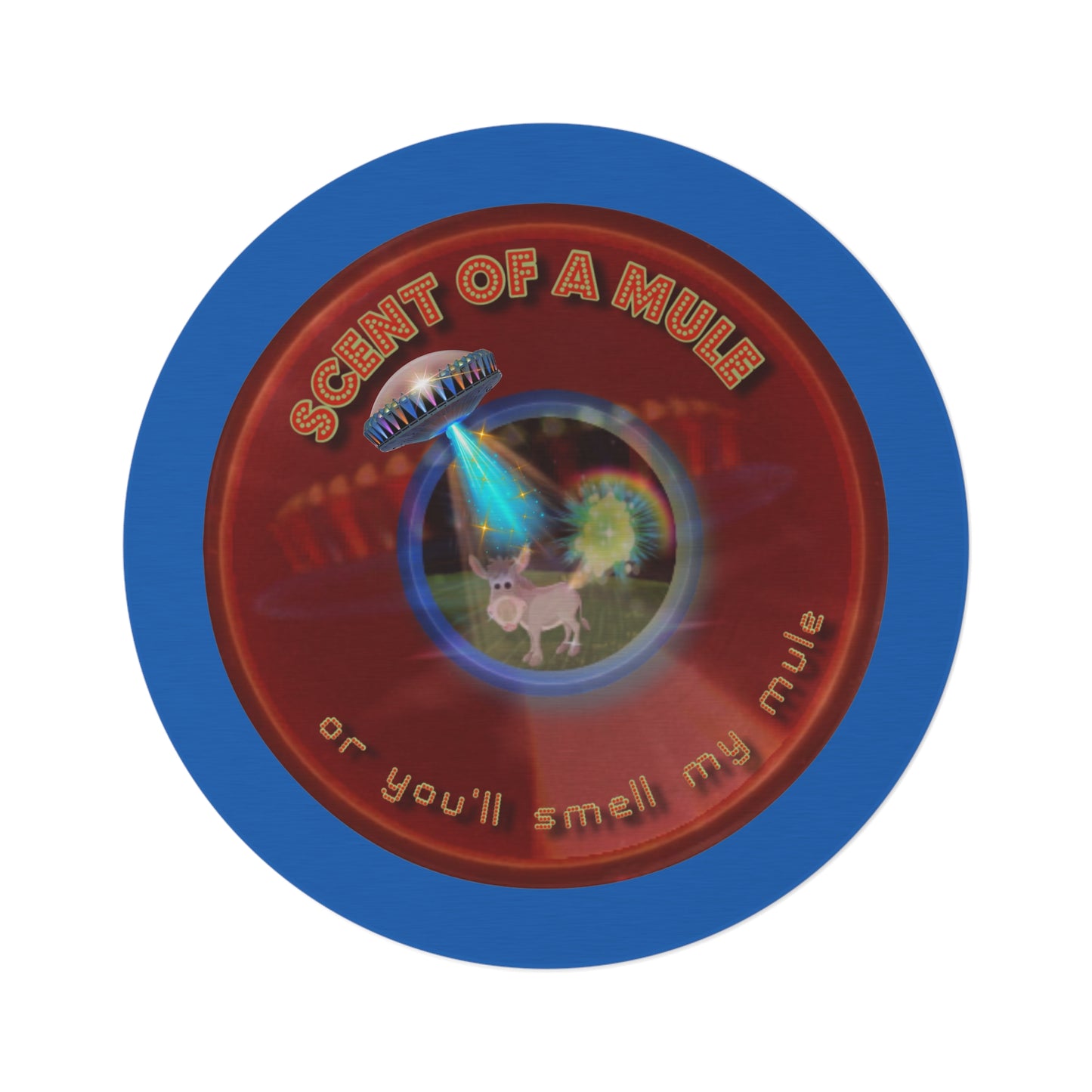 Round Room - 5 ft x 5 ft Lumpy Donut Rug - "Donut Rugs? In Tomahawk County?" - vivid red donut w/dark royal blue background - variant 4