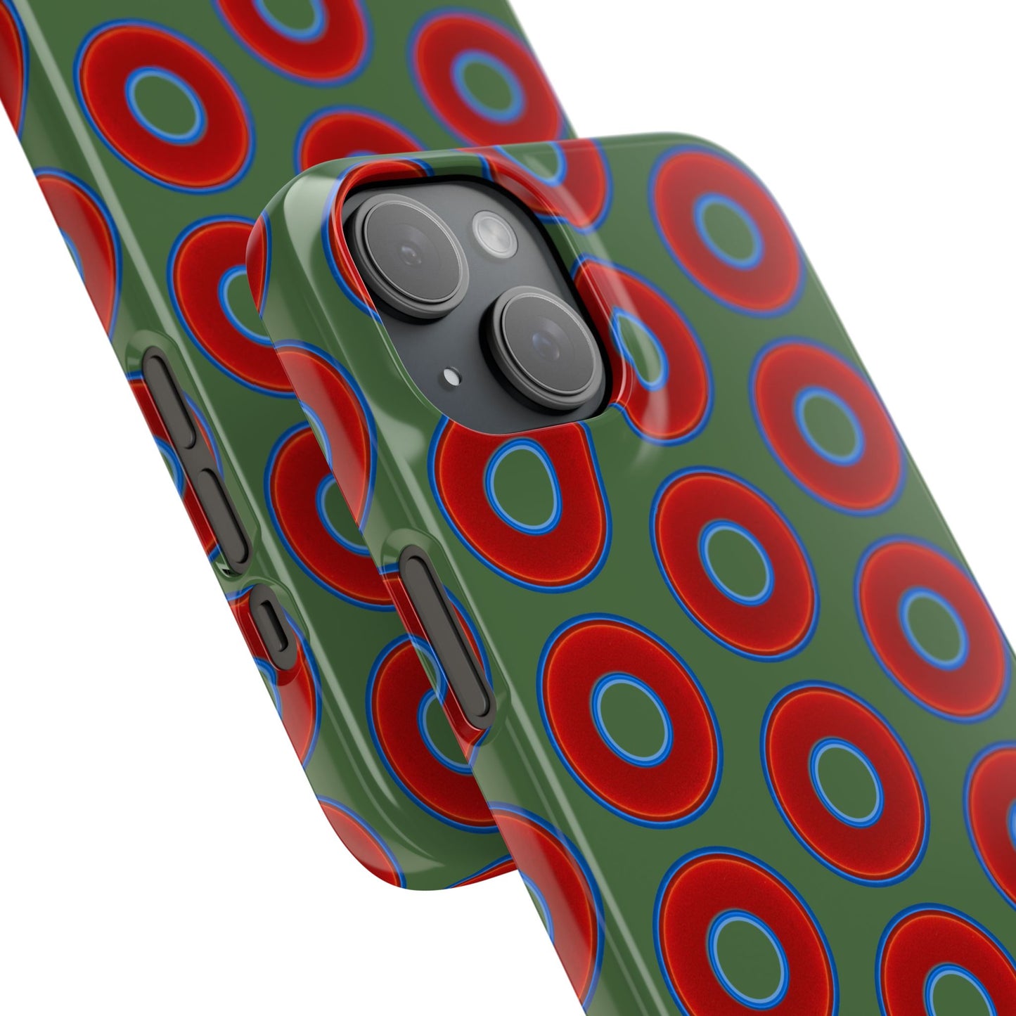Lumpy Donut Snap Case - red vivid donut print w/dark green background