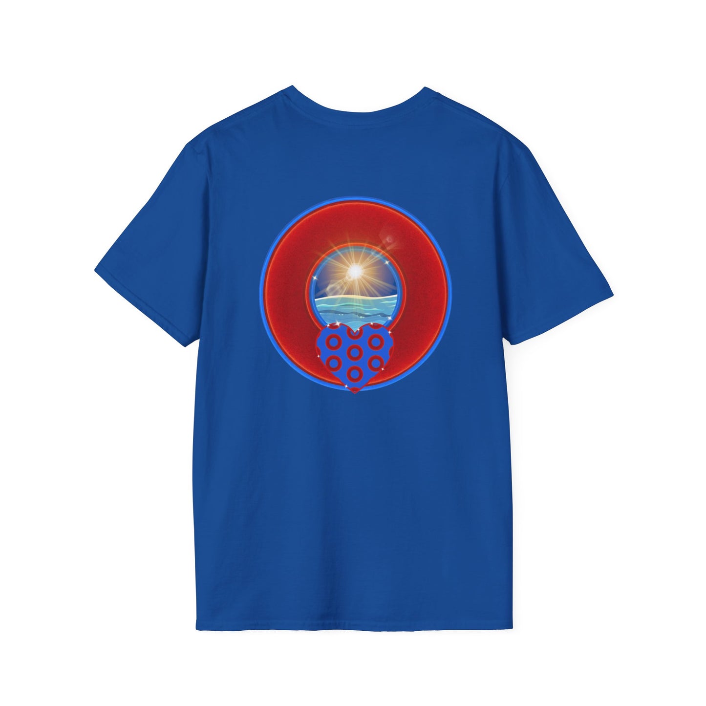 Classic Donut Tee - Unisex Soft-Style - "Ocean Donuts of Love" - vivid red donut - w/sun - variant 2
