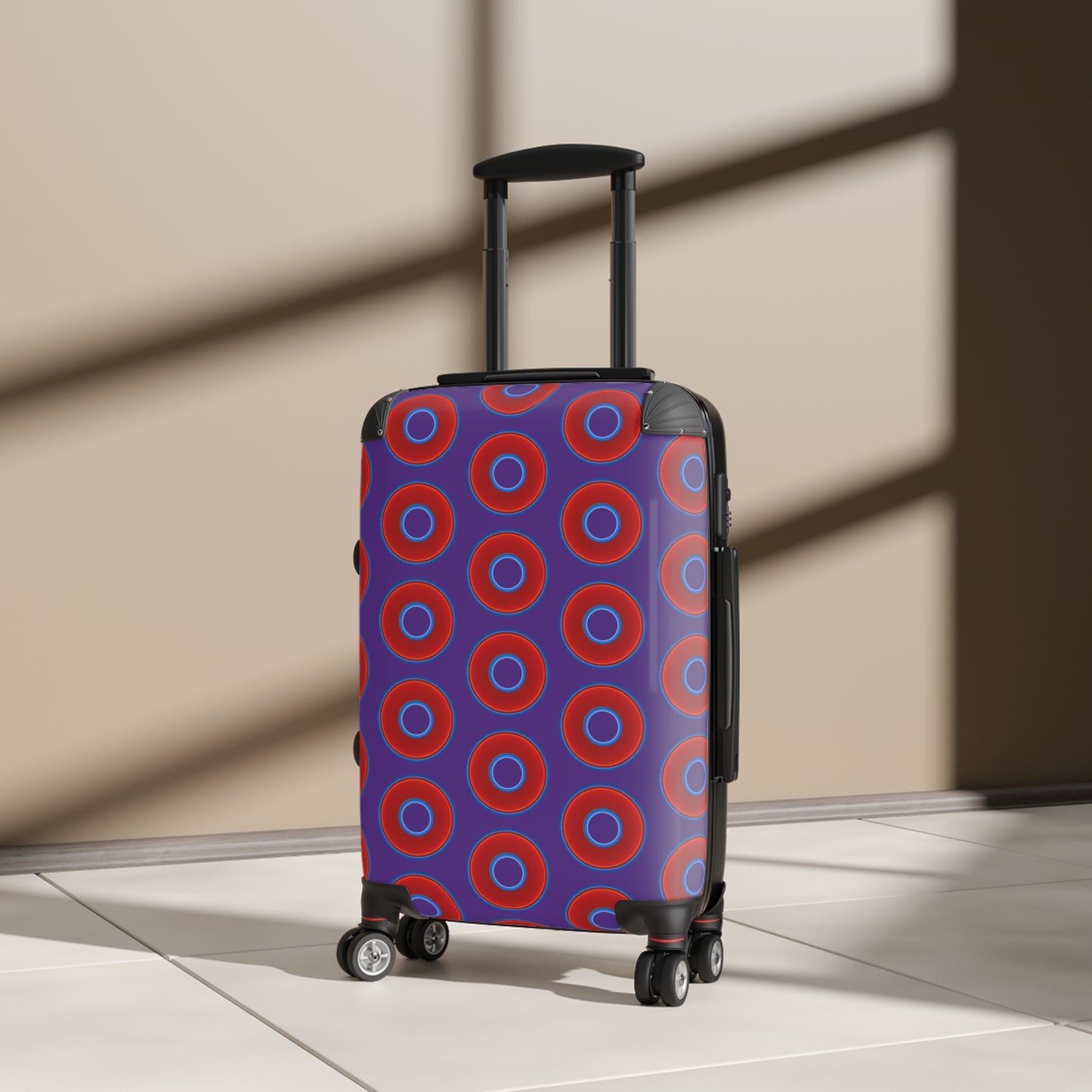 The Very Lumpy Donut Suitcase series - your choice of S, M or L - vivid red donut print w/dark purple background