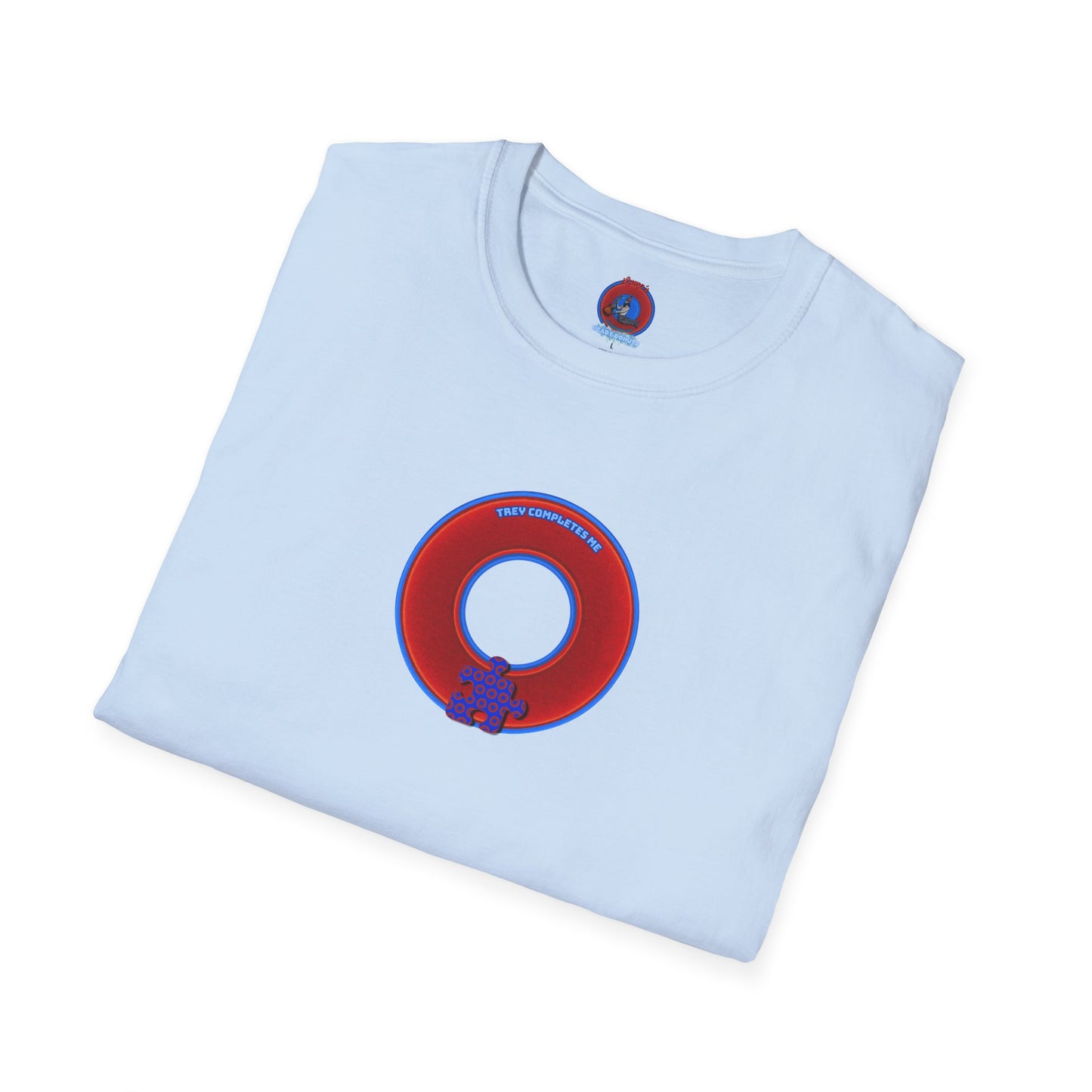 Classic Donut Tee - Unisex Soft-Style - "Trey's Completed Donut" - vivid red/blue donut