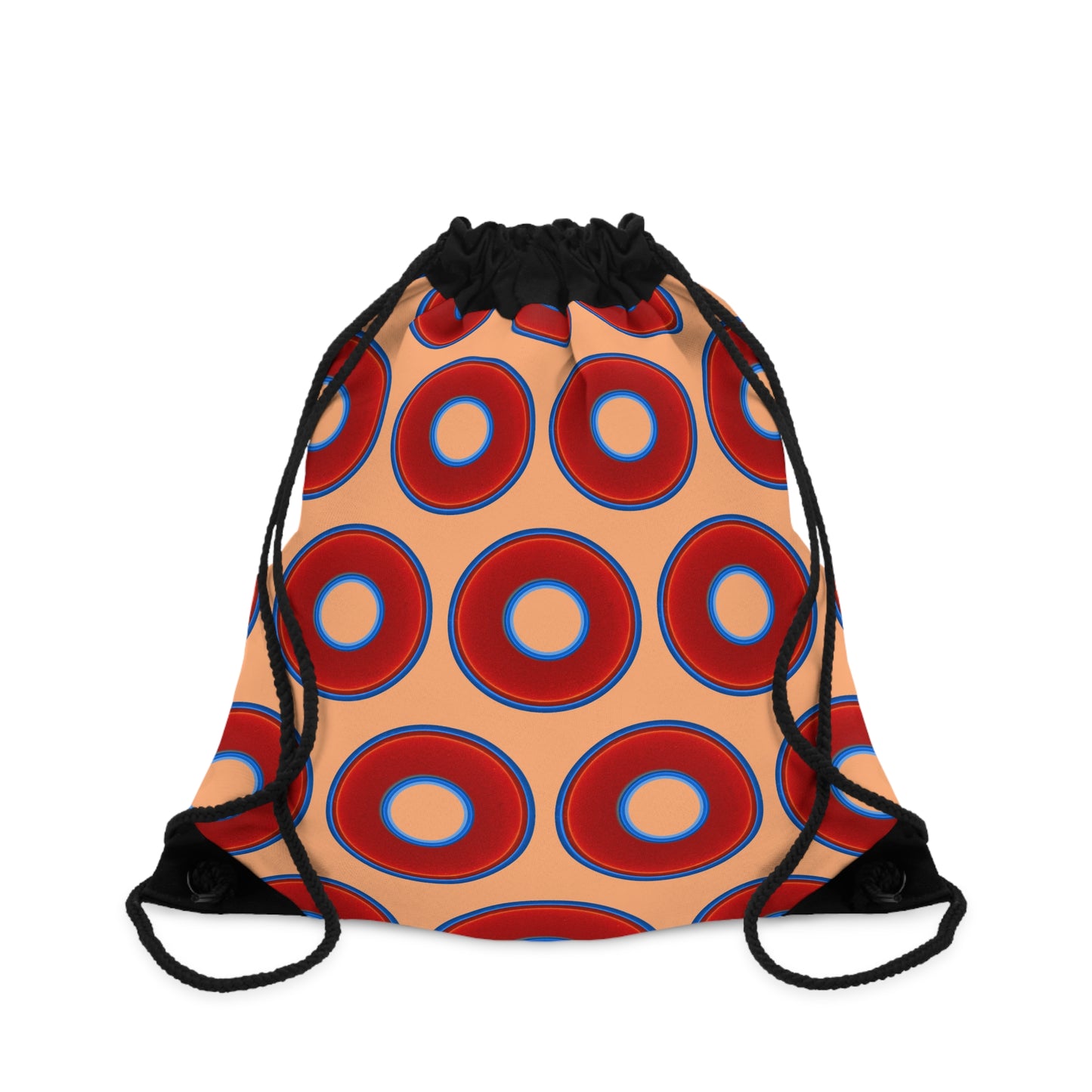 Lumpy Donut Drawstring Bag - red vivid donuts print w/peach background