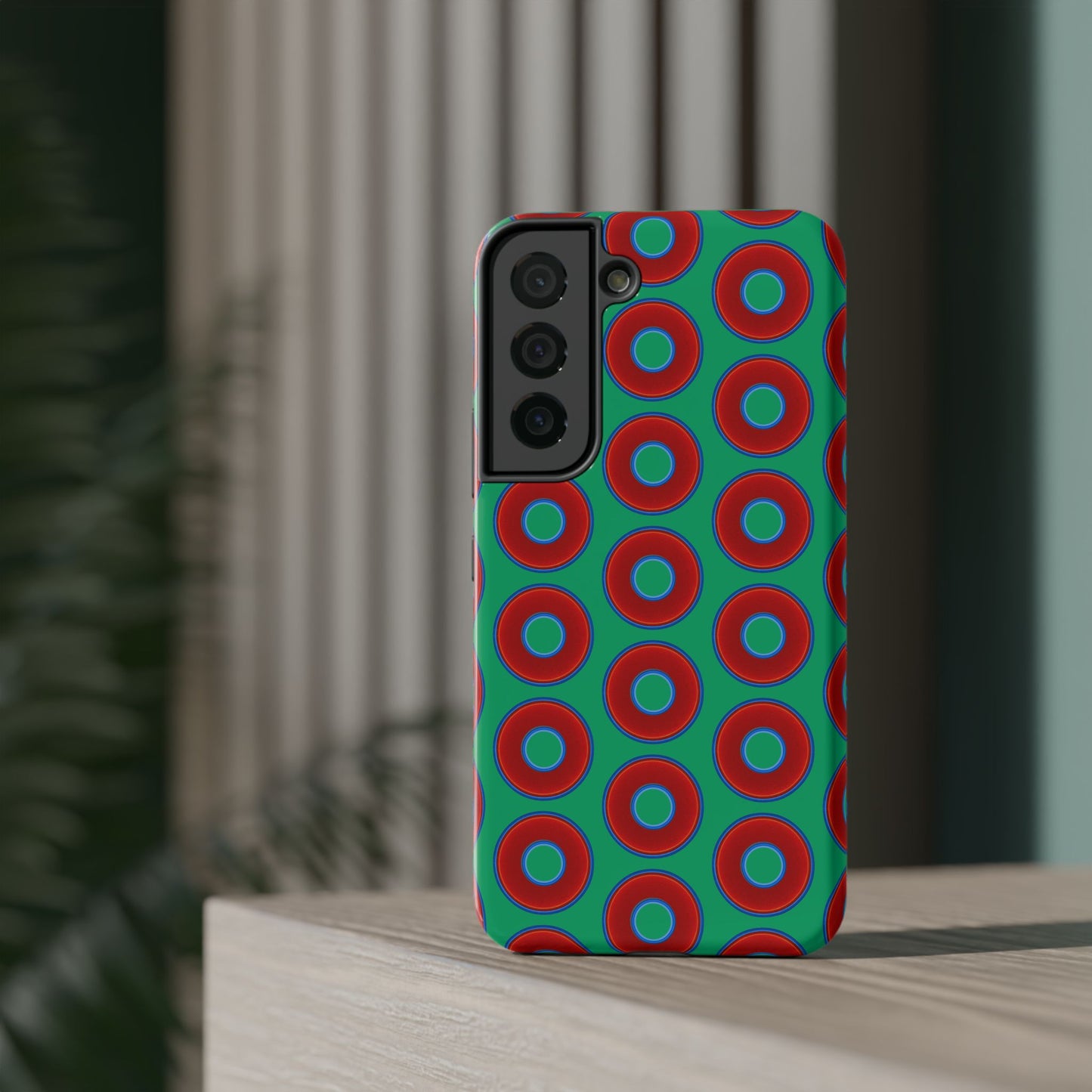 Impact-Resistant Lumpy Donut Case - red vivid donut print w/jade green background