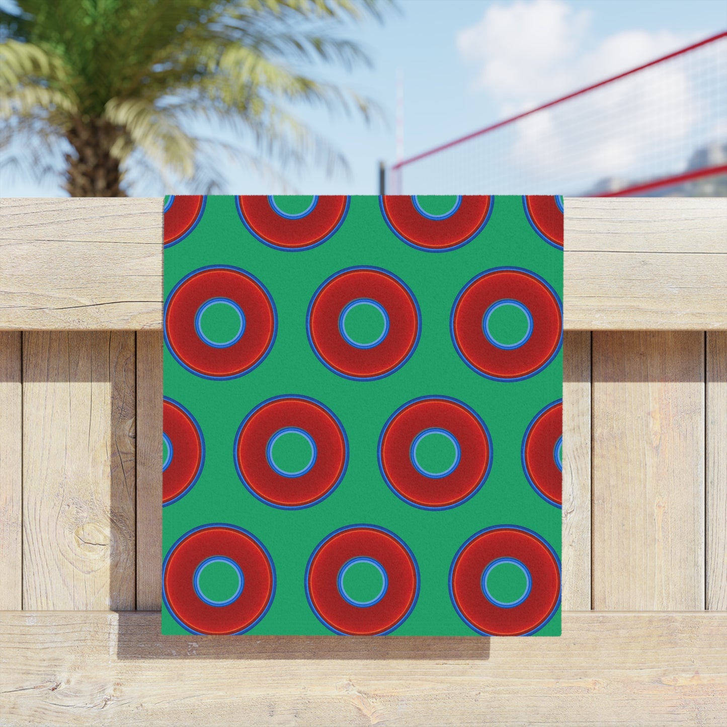 Lumpy Donut Towels - vivid red donuts w/jade green background