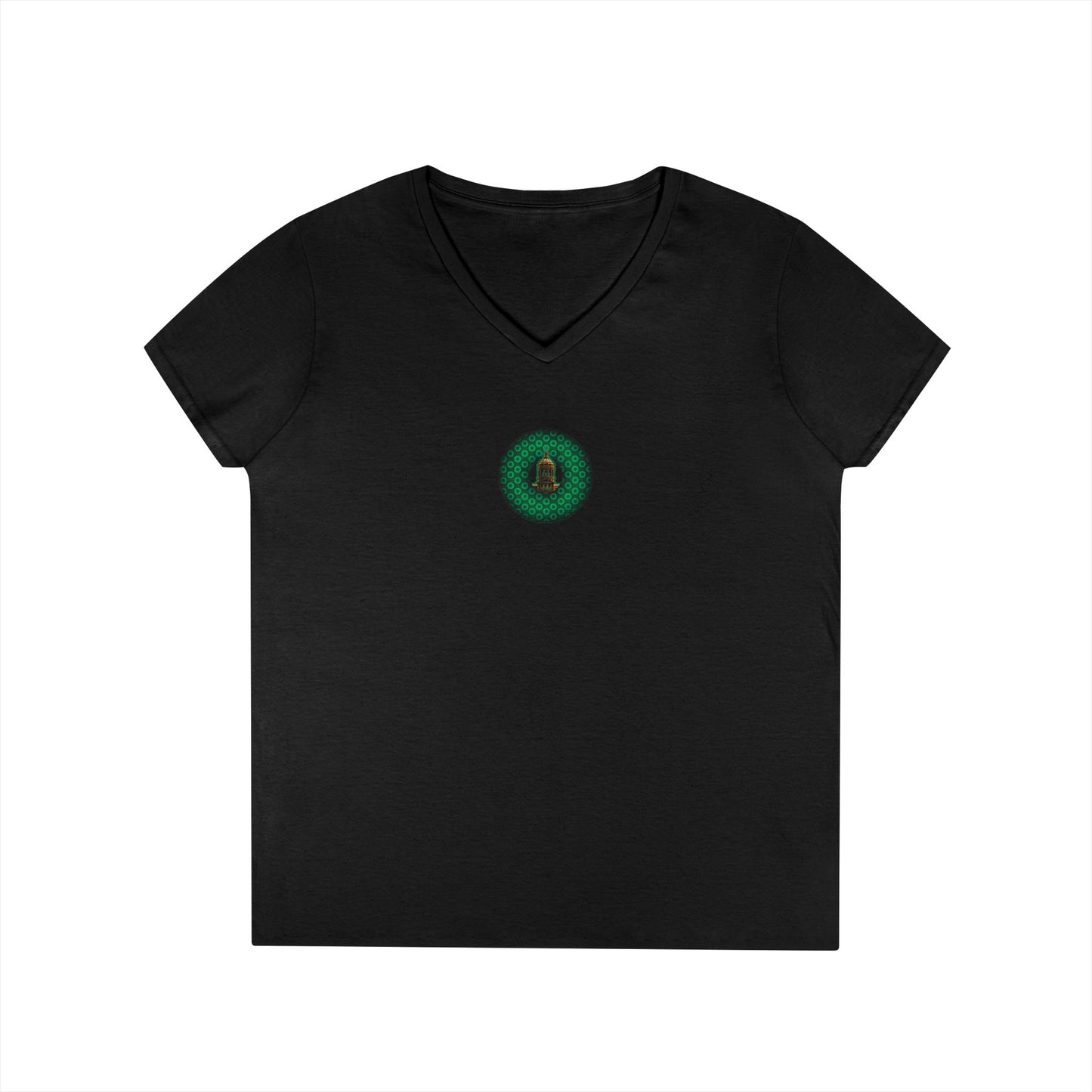 Women's Donut V-Neck Tee - "Save the Mondegreen City Hall Clock Tower" - variant 2 - green/green paradox donut w/