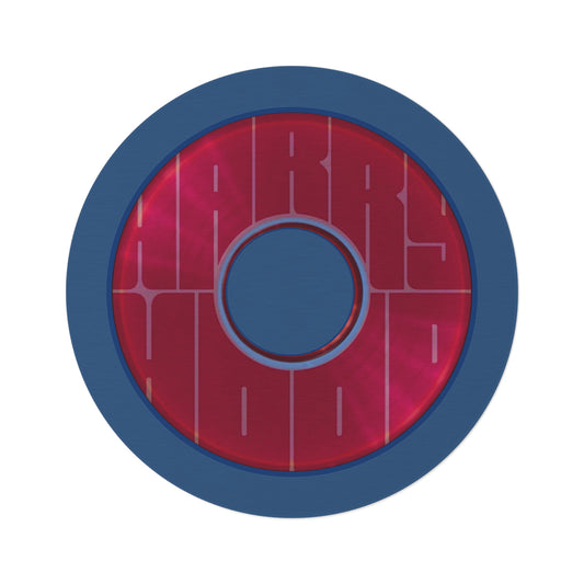 Round Room - 5 ft x 5 ft Lumpy Donut Rug - "Harry's Preferred Donut Rug" - vivid magenta/purple word donut w/light navy background - variant 1