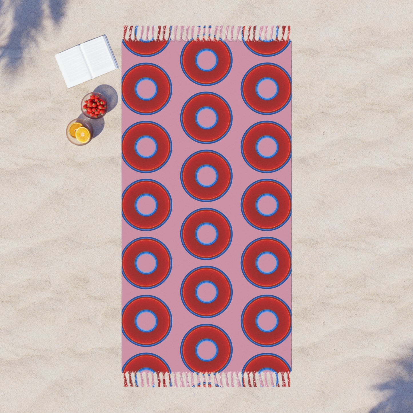 Oversized Lumpy Beach Towel - vivid red donuts w/pale magenta background