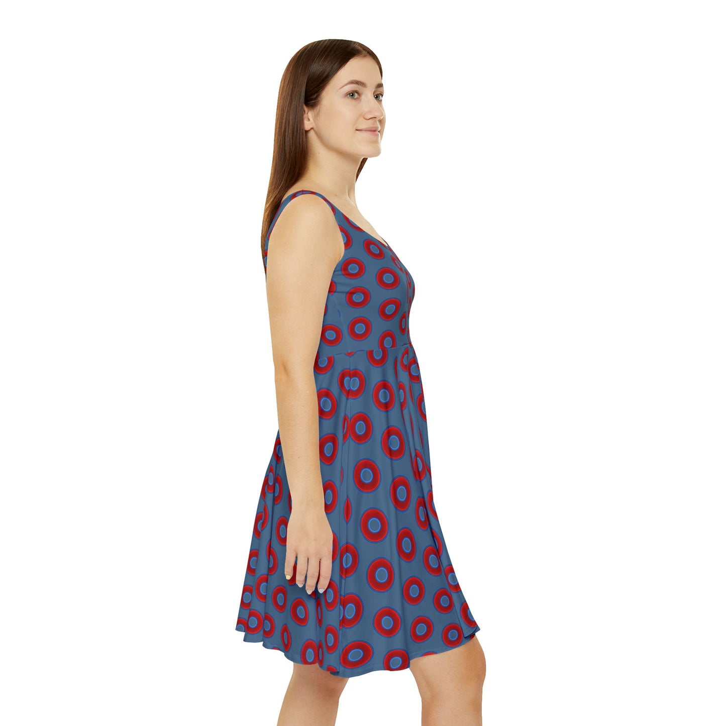 Women's Skater Donut Dress - vivid red donut print w/steel blue background