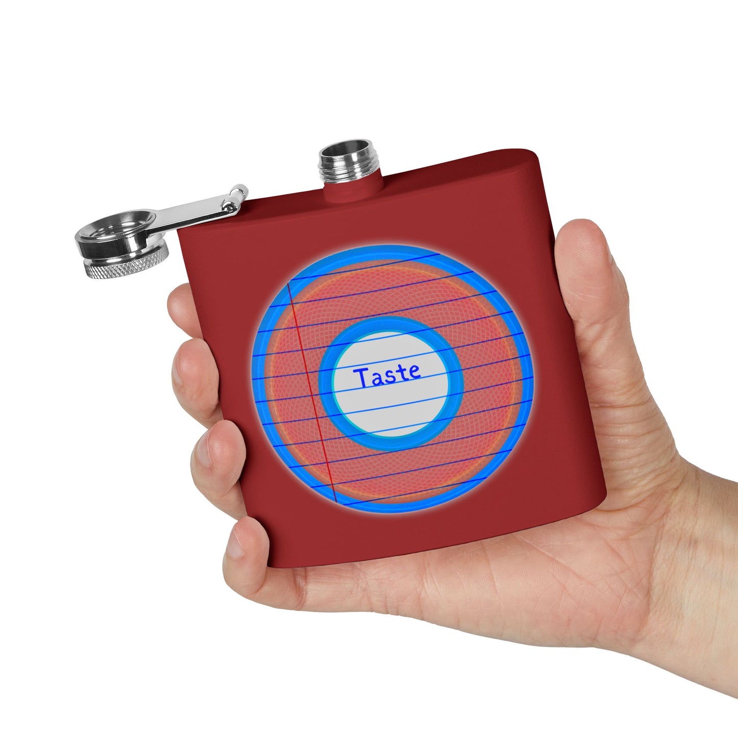 Lump's Donut Flask 6 oz -  "Tasty Flask Donut" - red/blue rustic donut - [*w/your choice of 6 backgrounds]