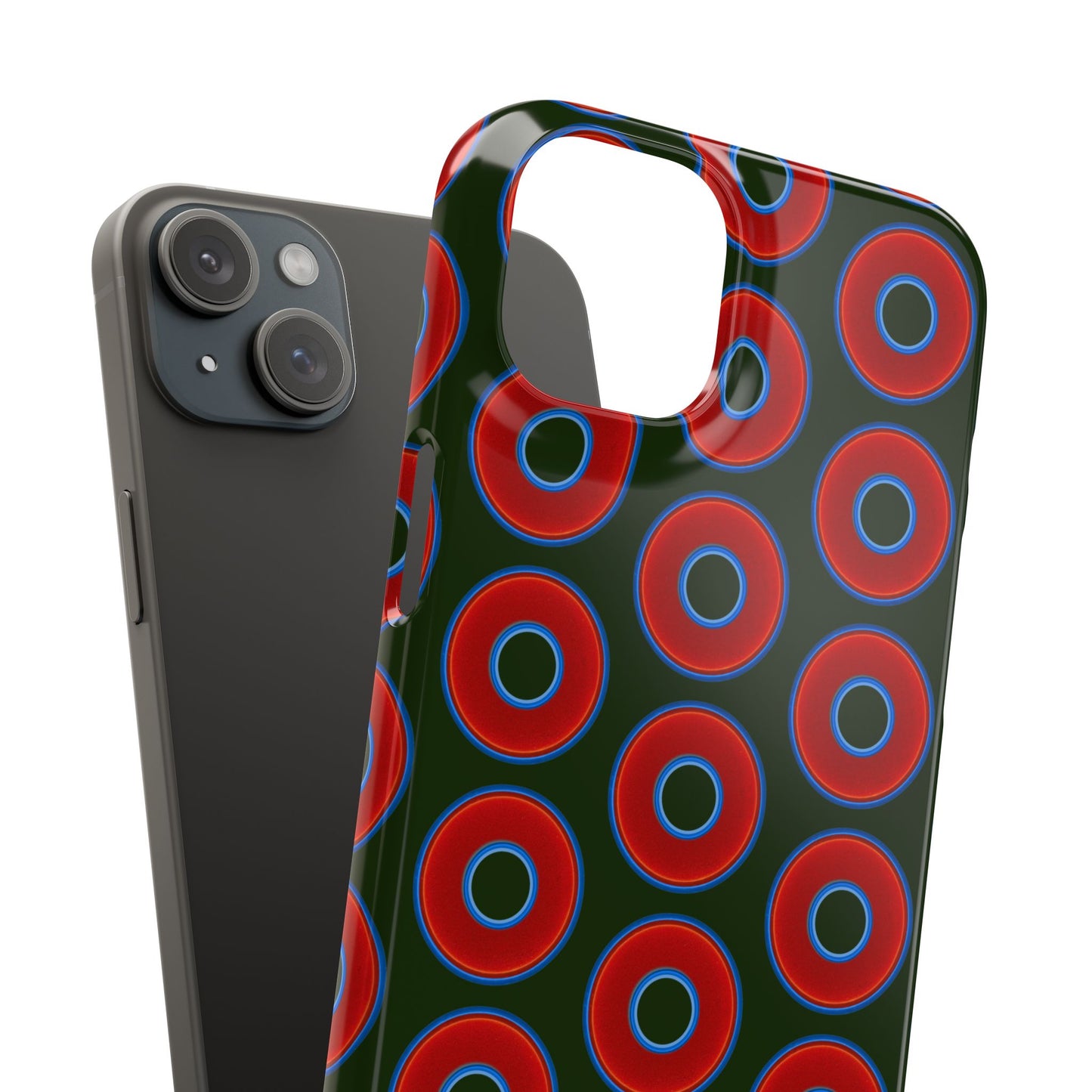 Lumpy Donut Snap Case - red vivid donut print w/deep forest green background