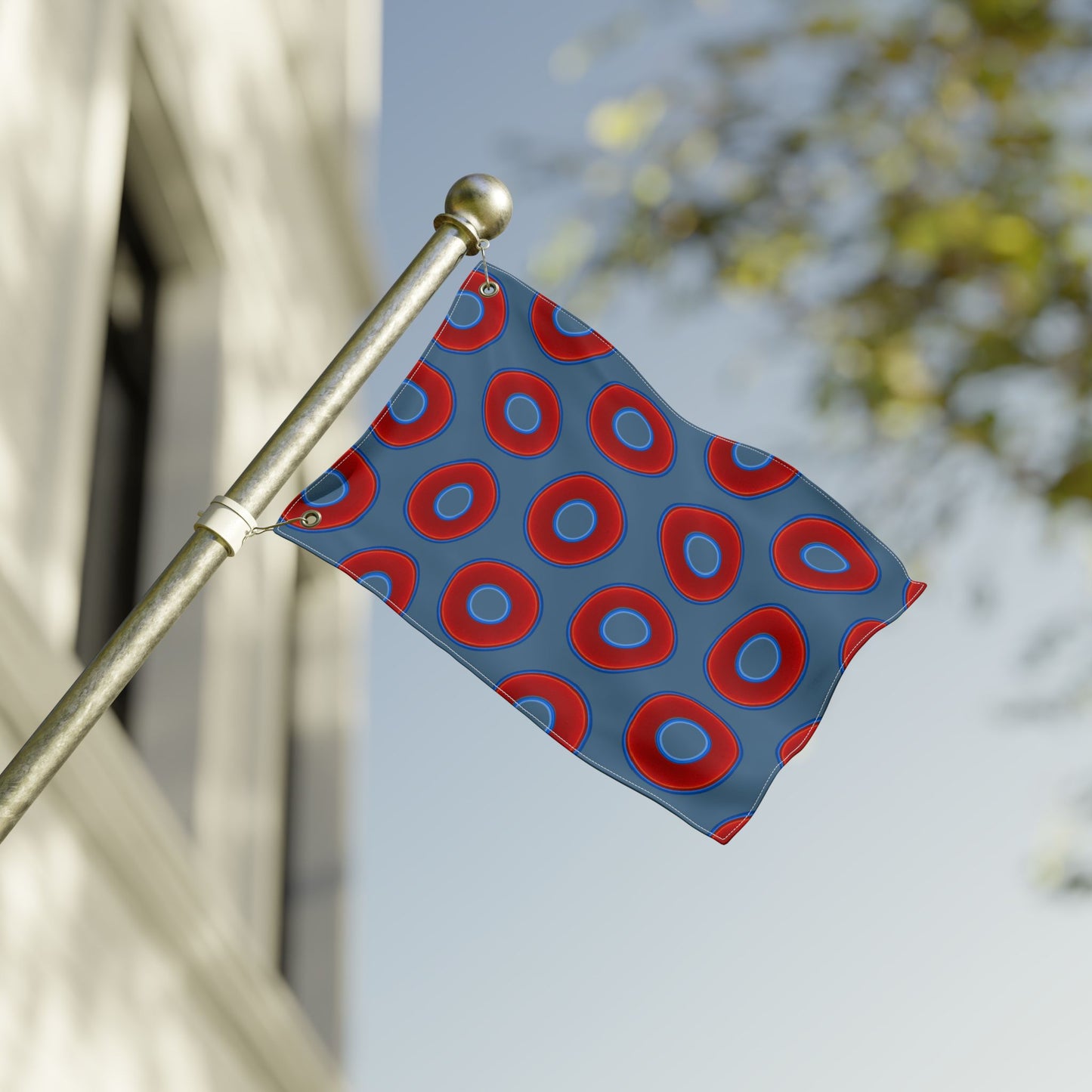 Lumpy Flagpole Sitters - Donut Flags [12" x 18"] - red vivid donut print w/steel blue background