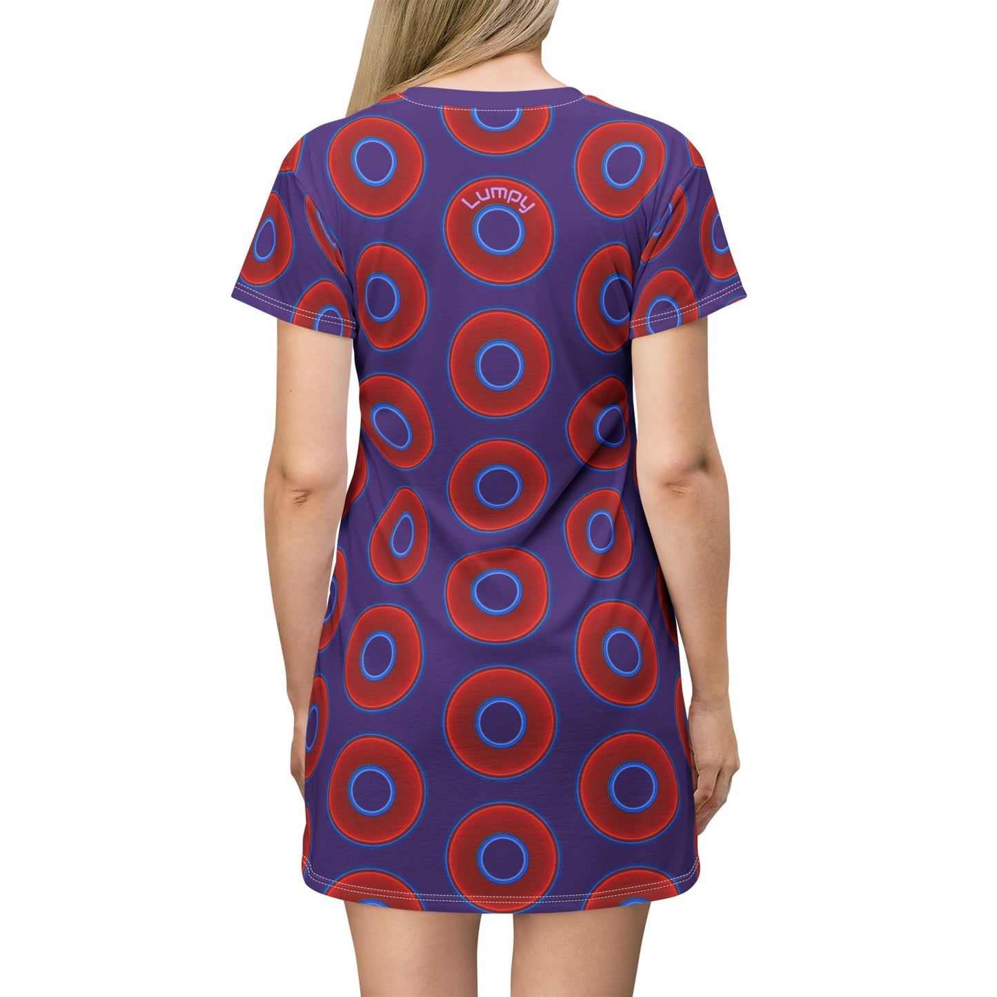 Not a Muumuu AOP Tee Shirt Dress - red vivid donuts w/purple background