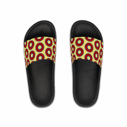 Men's Lumpy Sandals - slip-ons - red vivid donuts w/yellow background