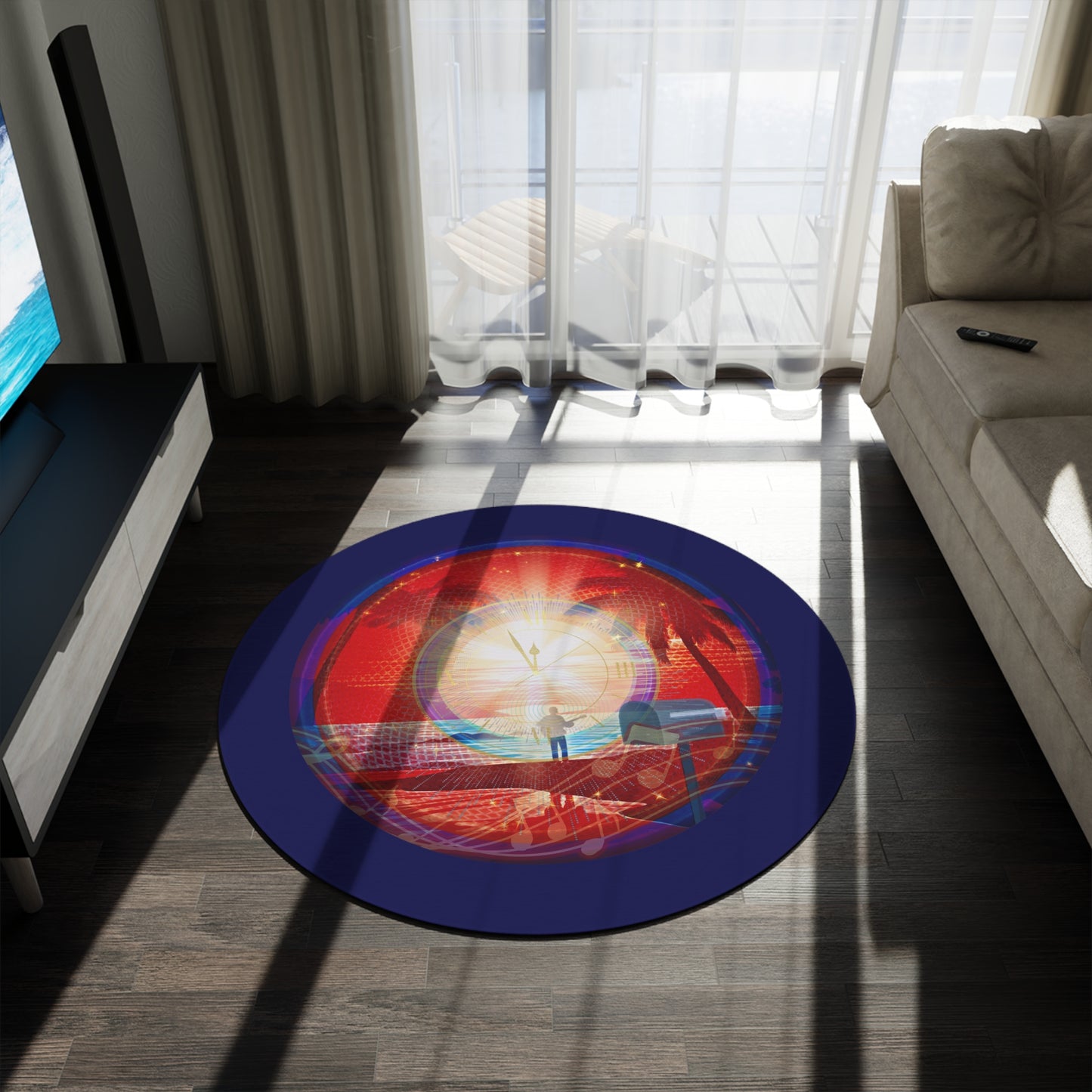 Round Room - 5 ft x 5 ft Lumpy Donut Rug - "The Velvet Cake Donut Rug" - vivid red pic donut w/navy background