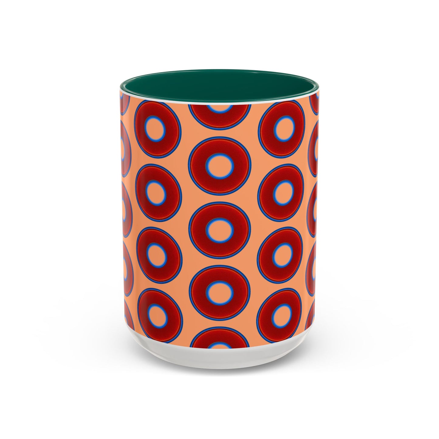 Lump's Grumpy Coffee Mug - vivid red donuts w/peach background