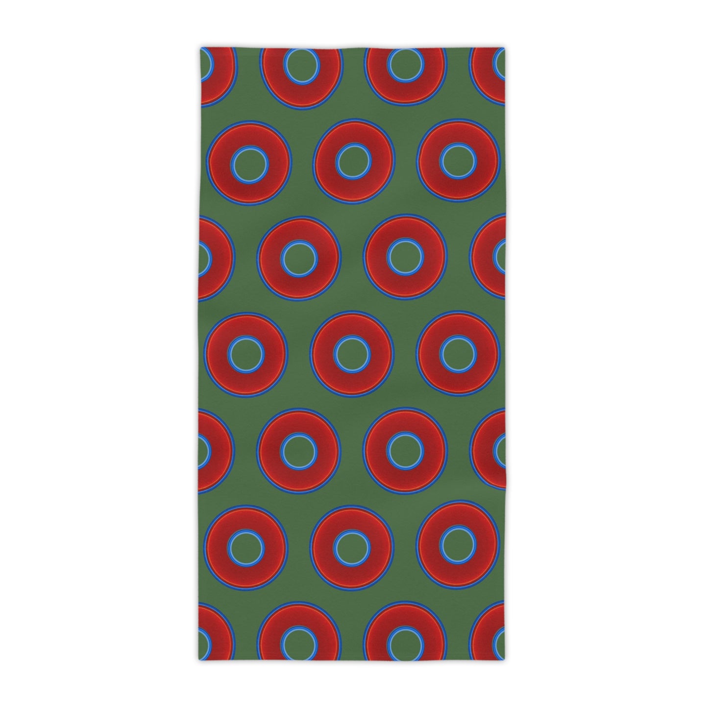 Lumpy Donut Towels - vivid red donuts w/dark green background
