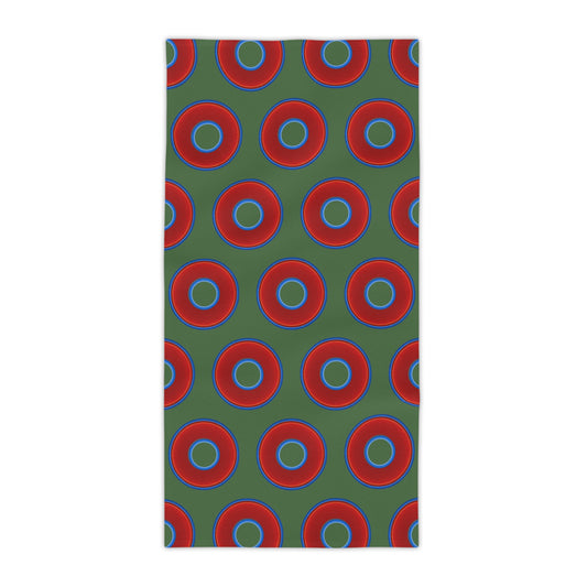 Lumpy Donut Towels - vivid red donuts w/dark green background