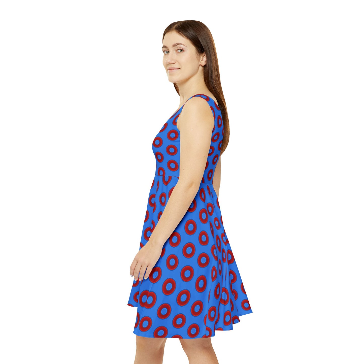 Women's Skater Donut Dress - vivid red donut print w/light royal blue background
