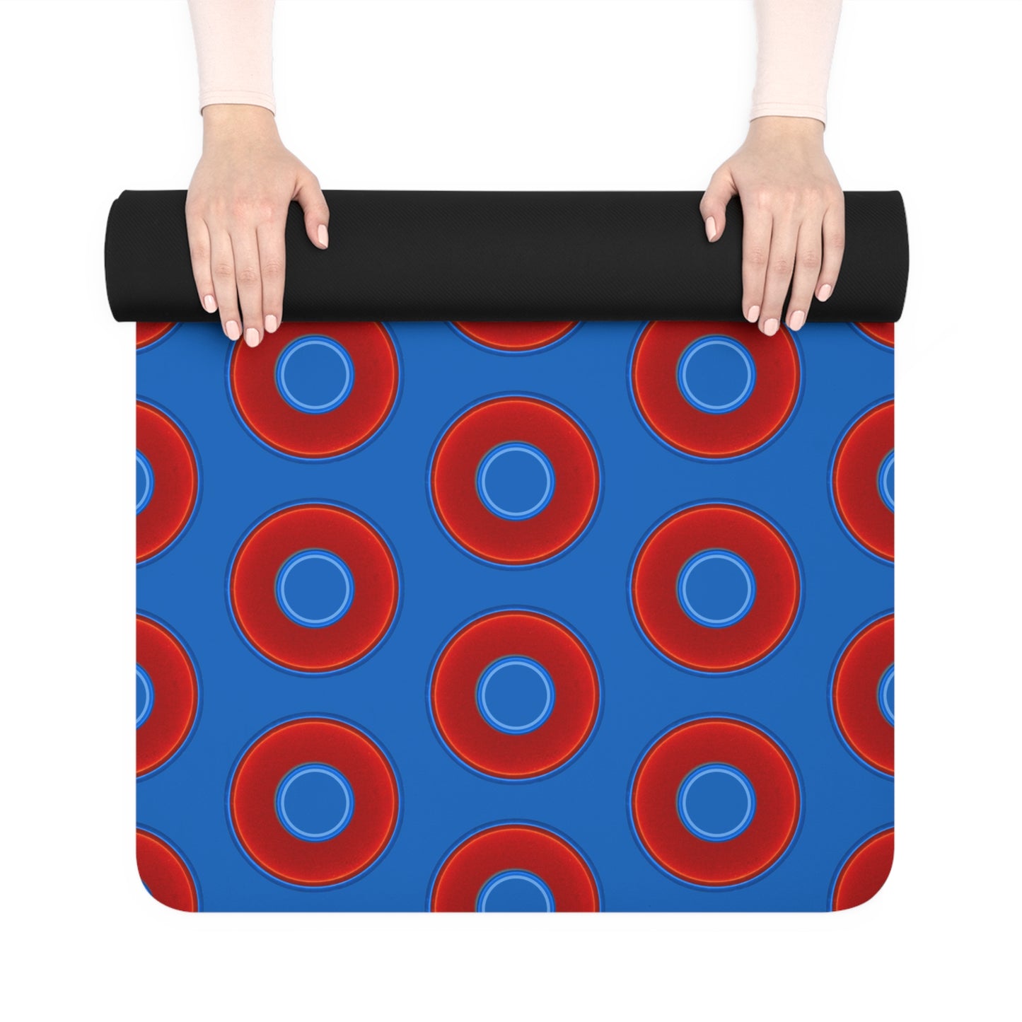 Lumpy Donut Yoga Mat :) - 24″ x 70" - vivid red donut print w/dark royal blue background