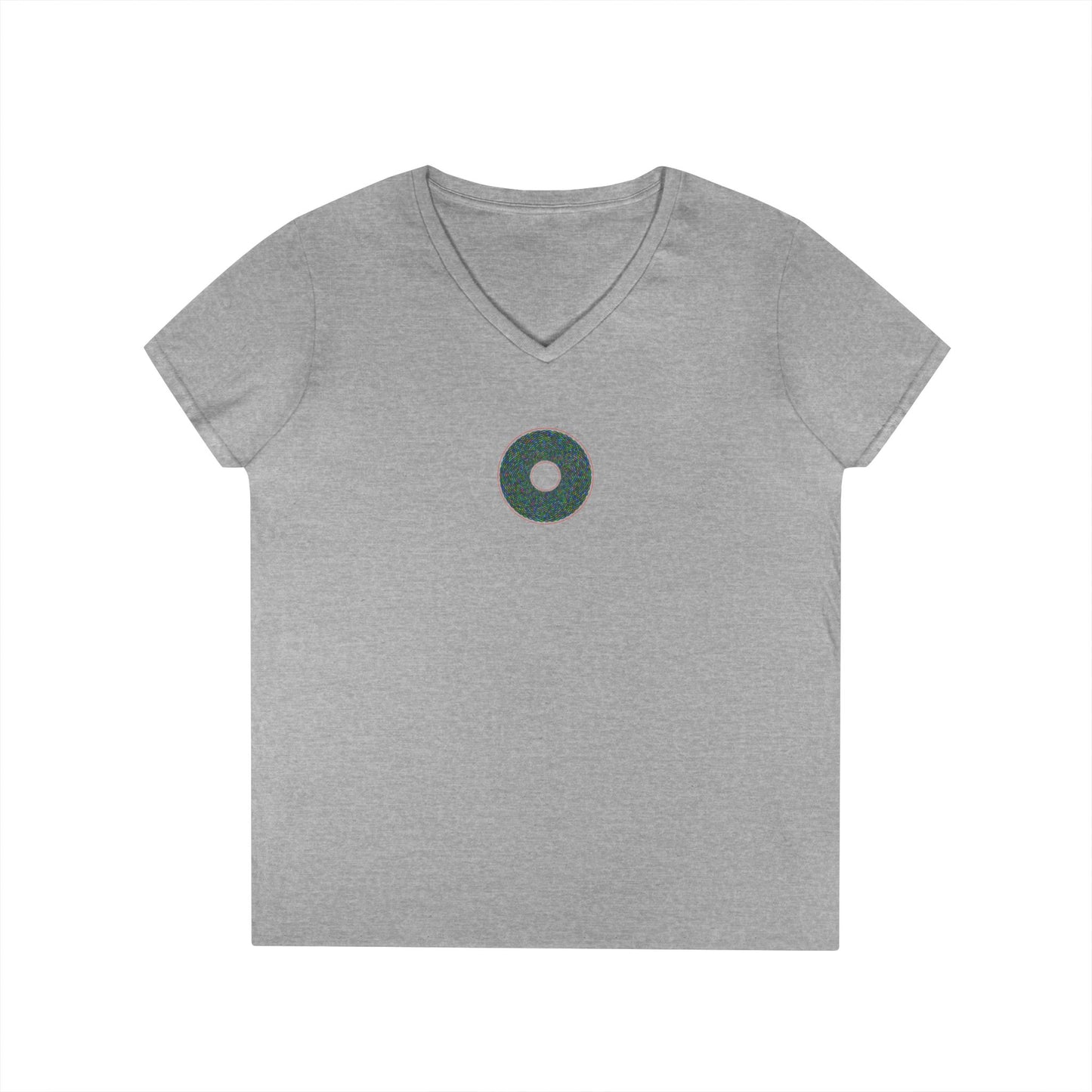 Women's Donut V-Neck Tee - "The Pixilated Donut" - multicolor pixel donut w/wide red outline