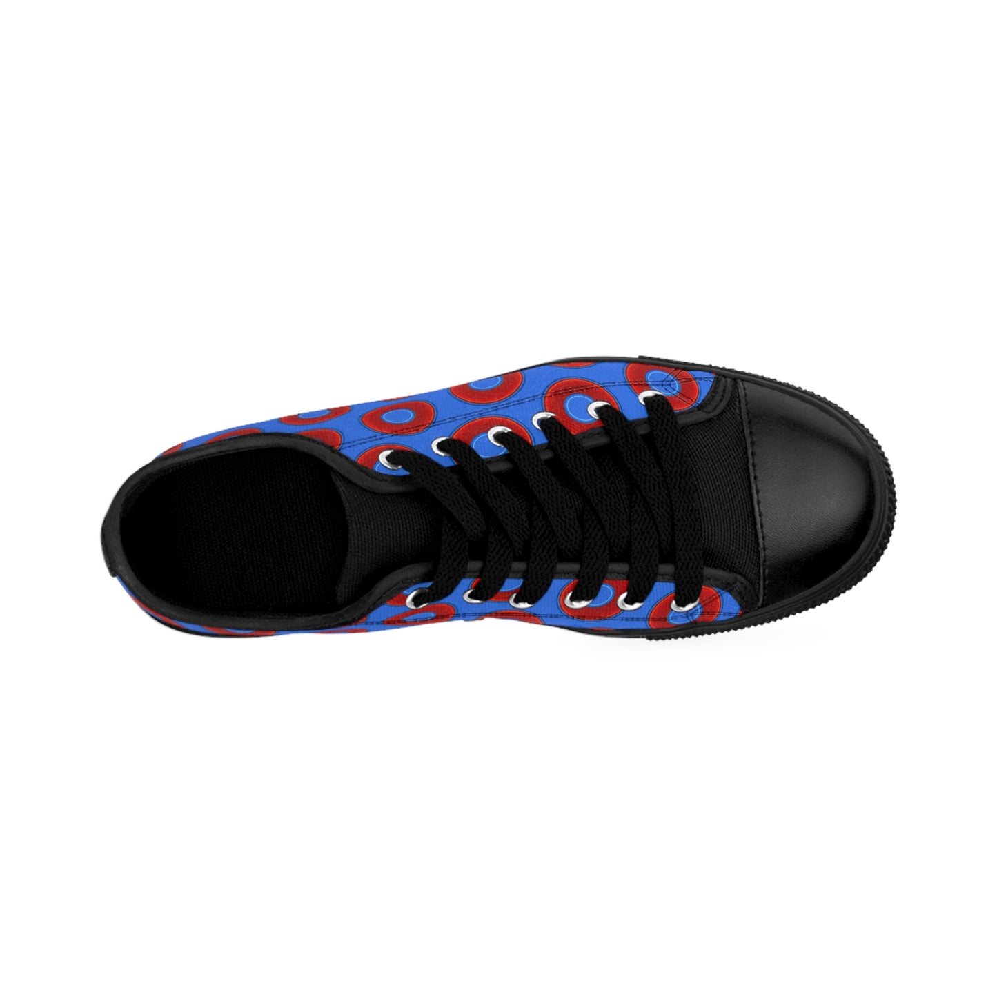 Men's Cushiony Convectors - Low Top - large red vivid donut print w/medium royal blue background