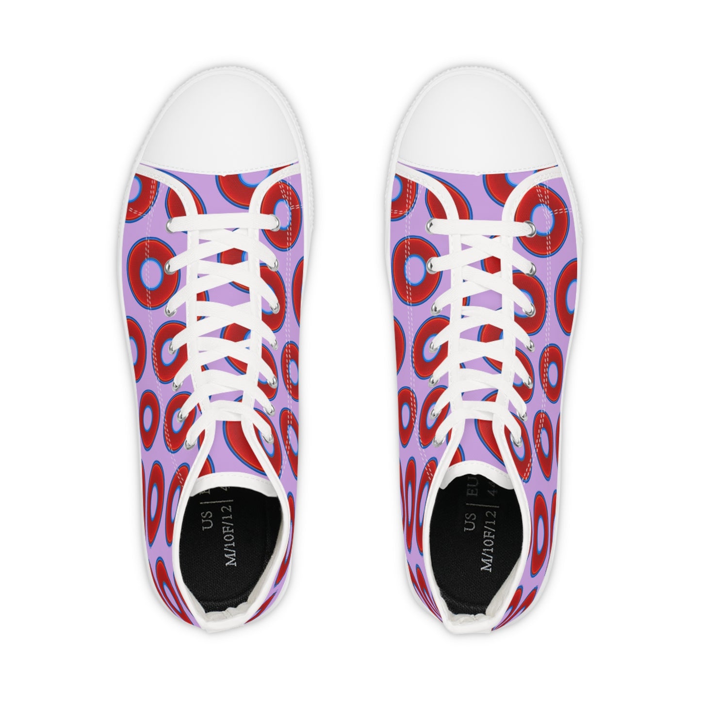 Men's High Top Chucks - large vivid red donut print w/wisteria purple background