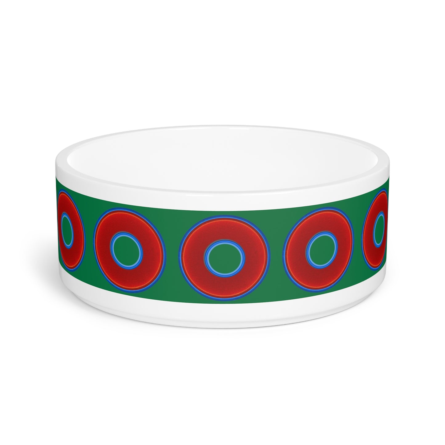 16 oz Lumpy Pet Bowl - vivid red donuts w/green background
