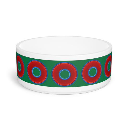 16 oz Lumpy Pet Bowl - vivid red donuts w/green background