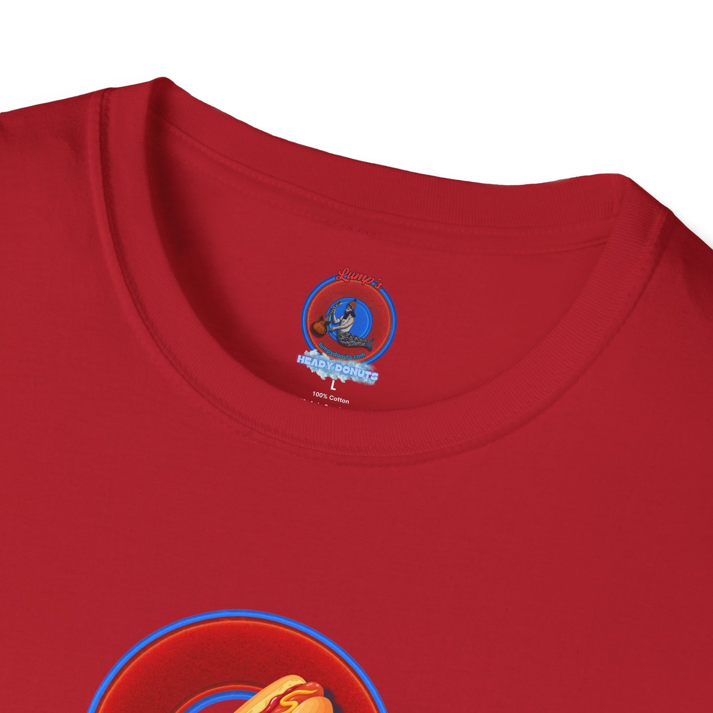 Classic Donut Tee - Unisex Soft-Style - "Viva Las Vegas Donut" -  vivid red donut w/raw dogger - variant 1