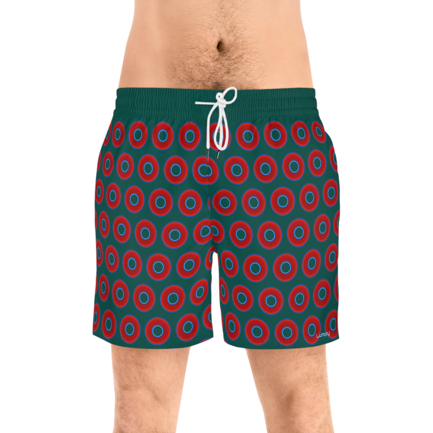 Men's Lumpy Swim Trunks - vivid red donut print w/dark Fenway green background