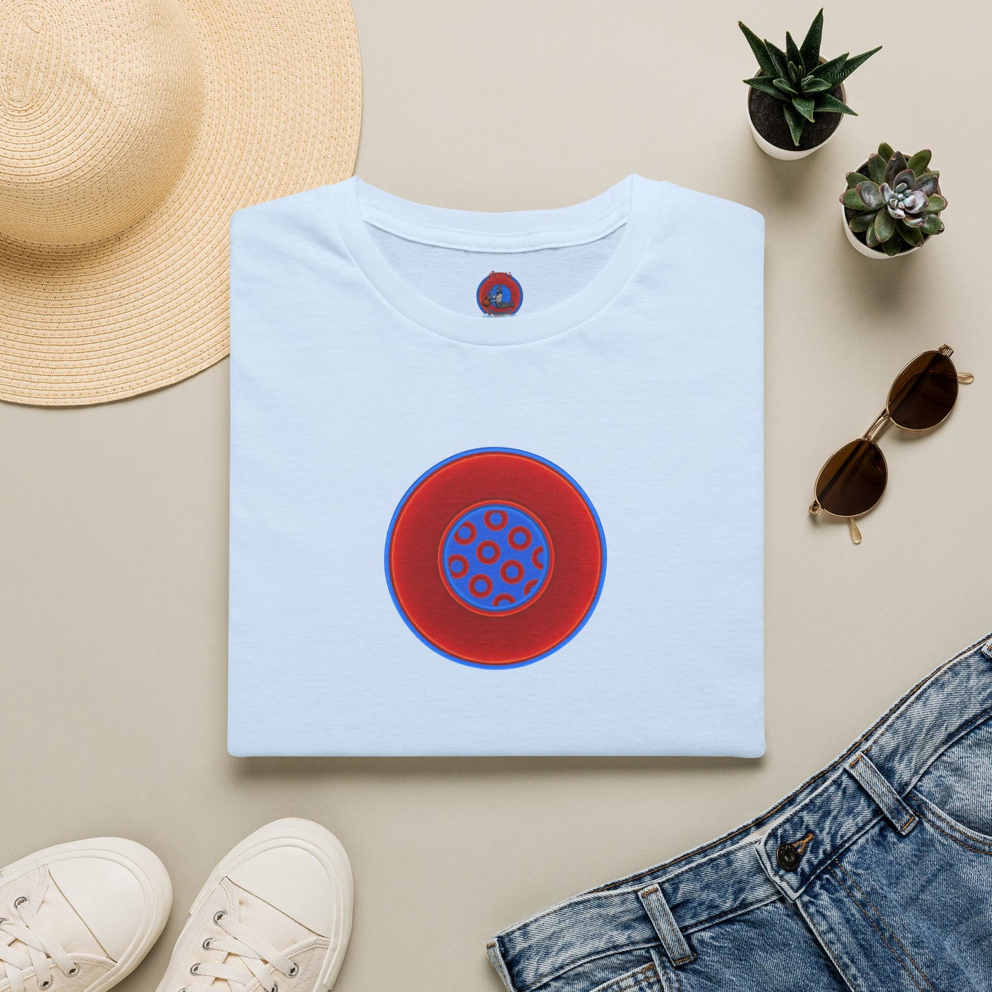 Classic Donut Tee - Unisex Soft-Style - "Portal Donut" - vivid red/blue donut  - w/royal blue - variant 1