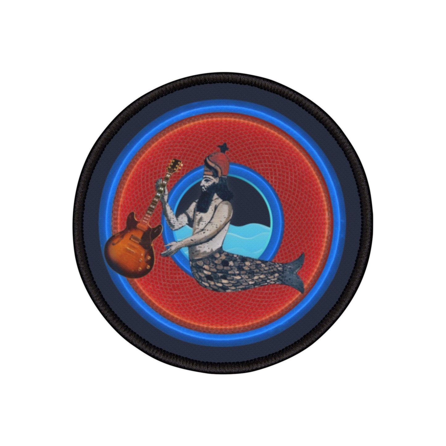 Iron-On Donut Patch - "Doggone Dagon Donut - The 1st Rockstar" - rustic red/blue donut - variant 2