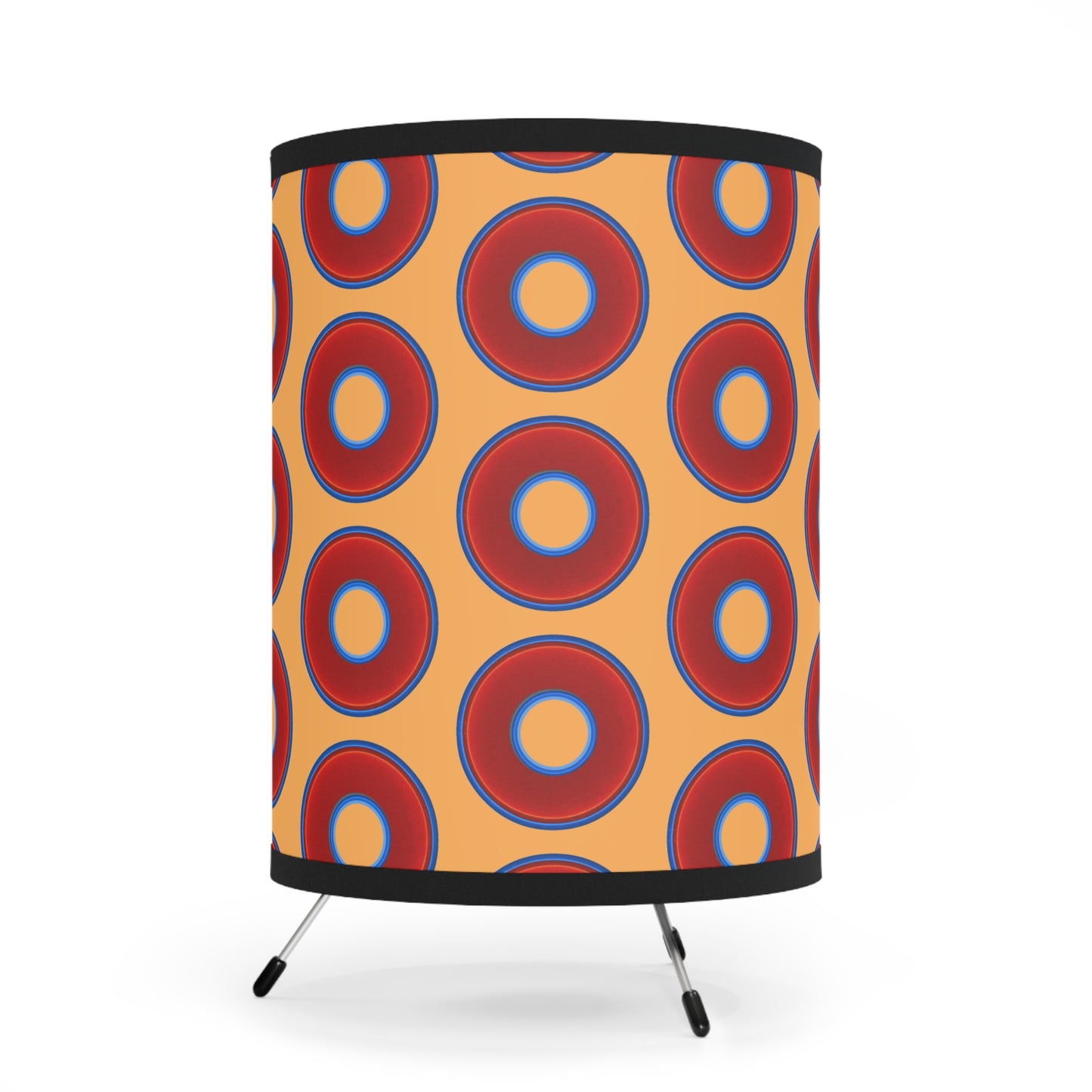 Lumpy Tripod Donut Lamp - vivid red donuts w/creamsicle orange background