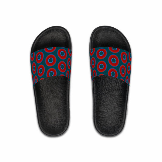 Men's Lumpy Sandals - slip-ons - red vivid donuts w/midnight teal green background