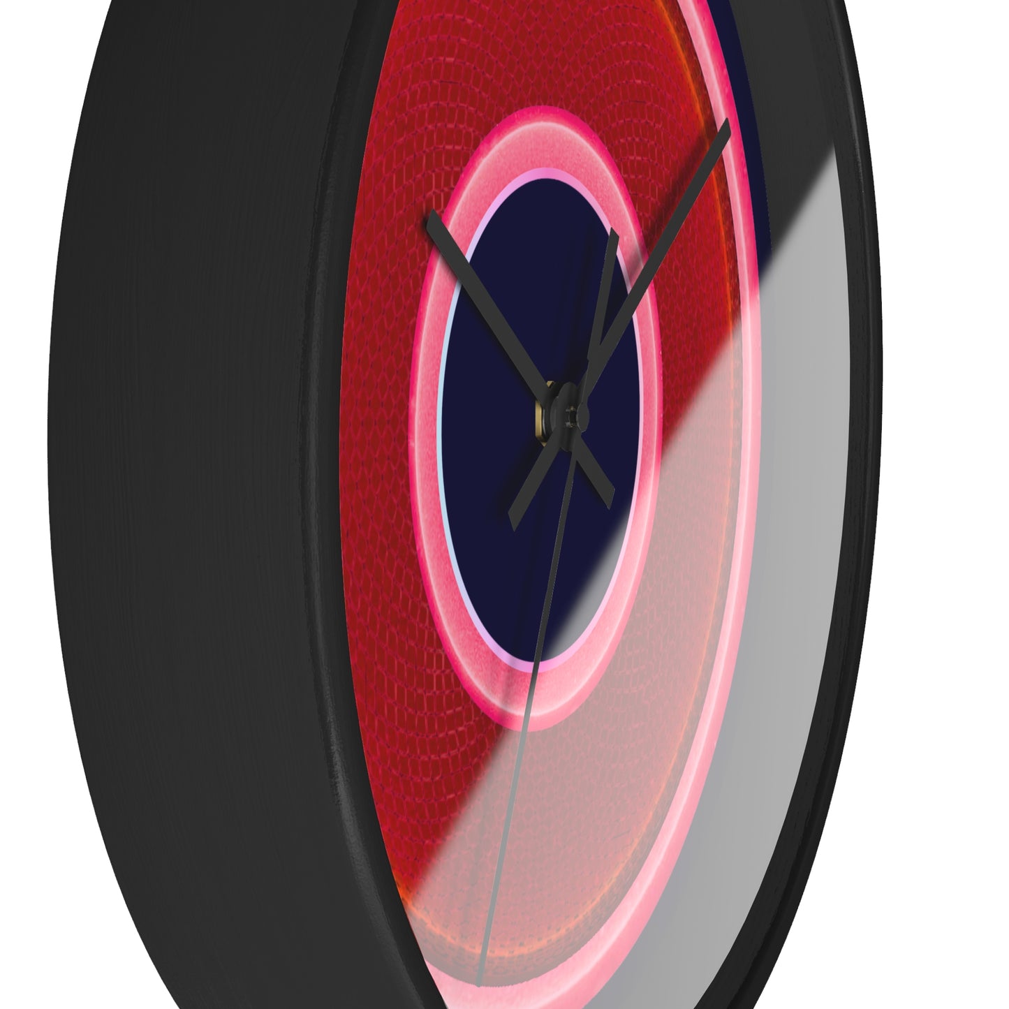 Lumpy Wall Clock - red rustic donut w/pink edging - variant 6 w/midnight blue background