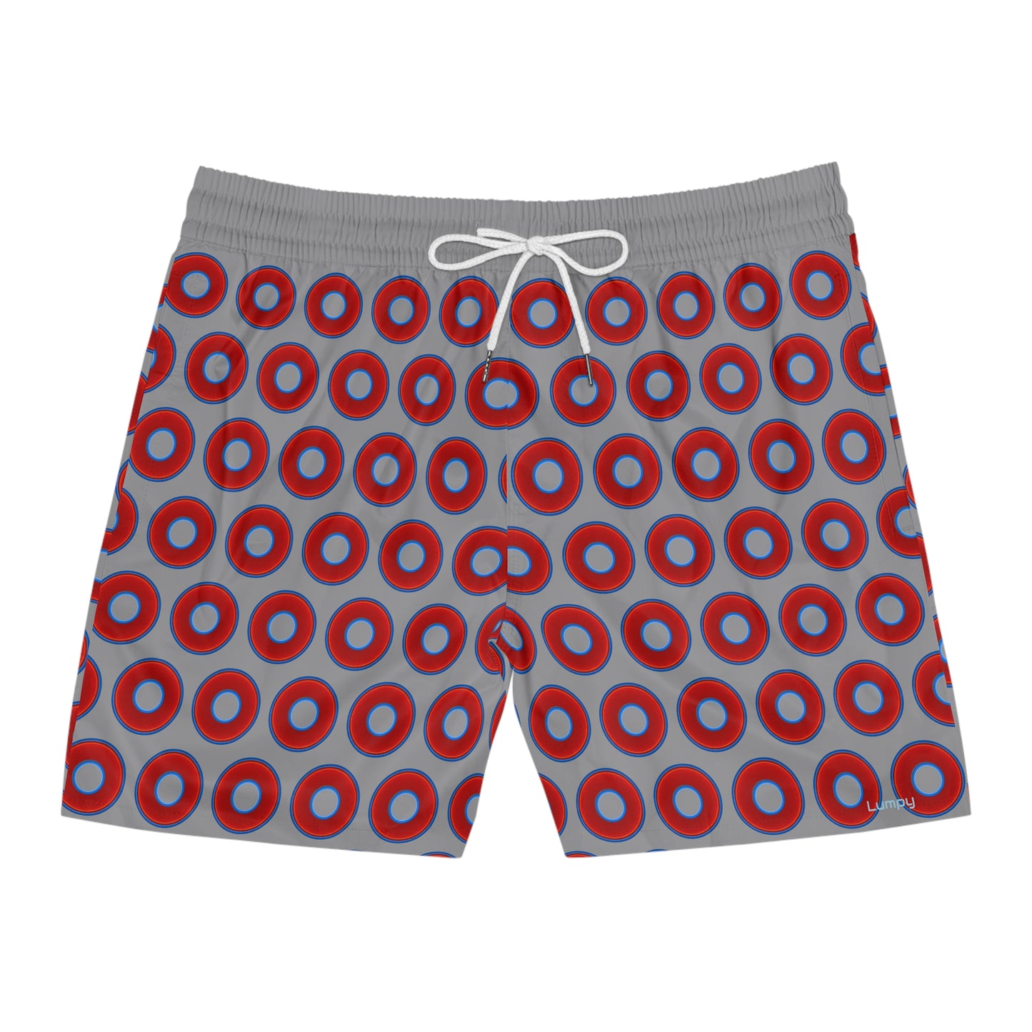 Men's Lumpy Swim Trunks - vivid red donut print w/gray background