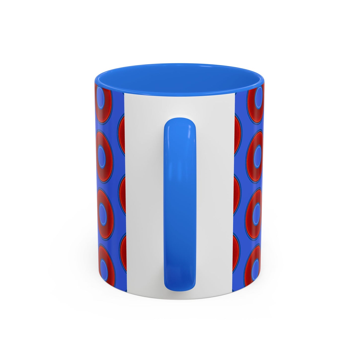 Lump's Grumpy Coffee Mug - vivid red donuts w/royal blue background