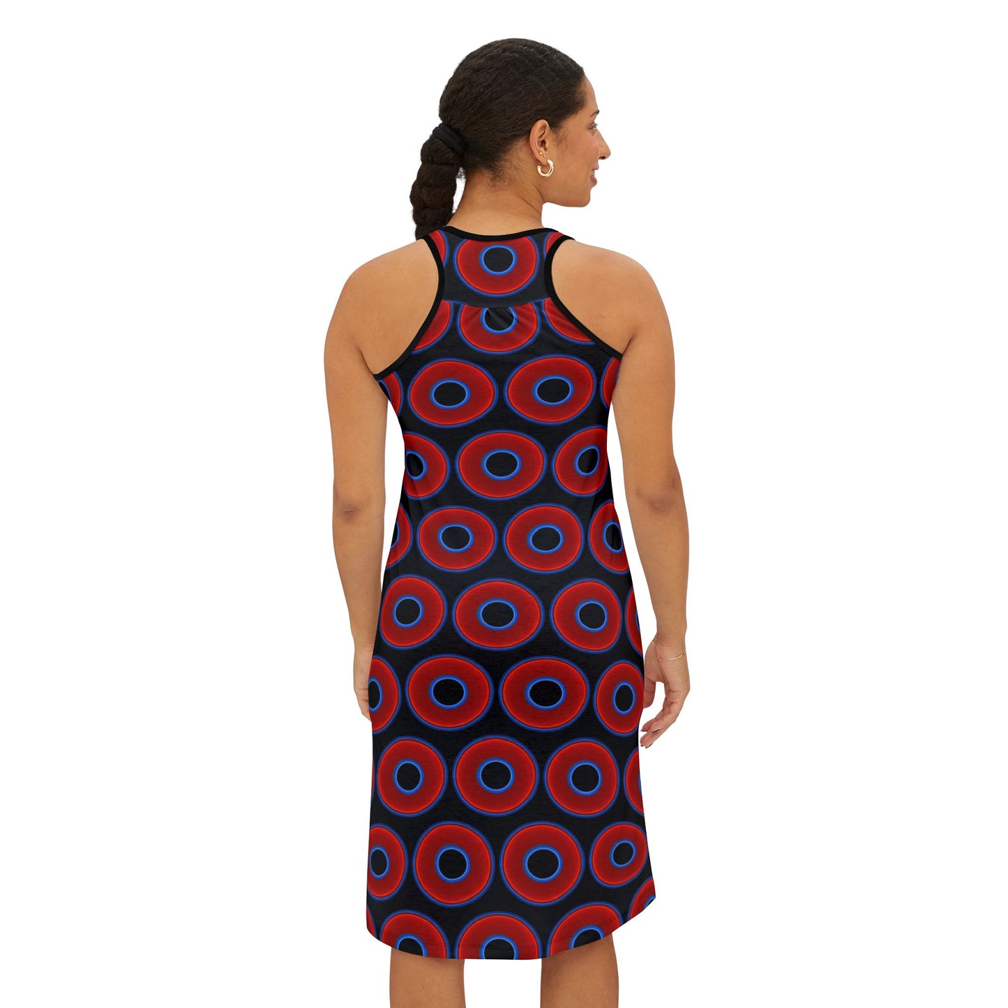 Tela's Lumpy Racerback Donut Dress - red vivid donut print w/blue charcoal background