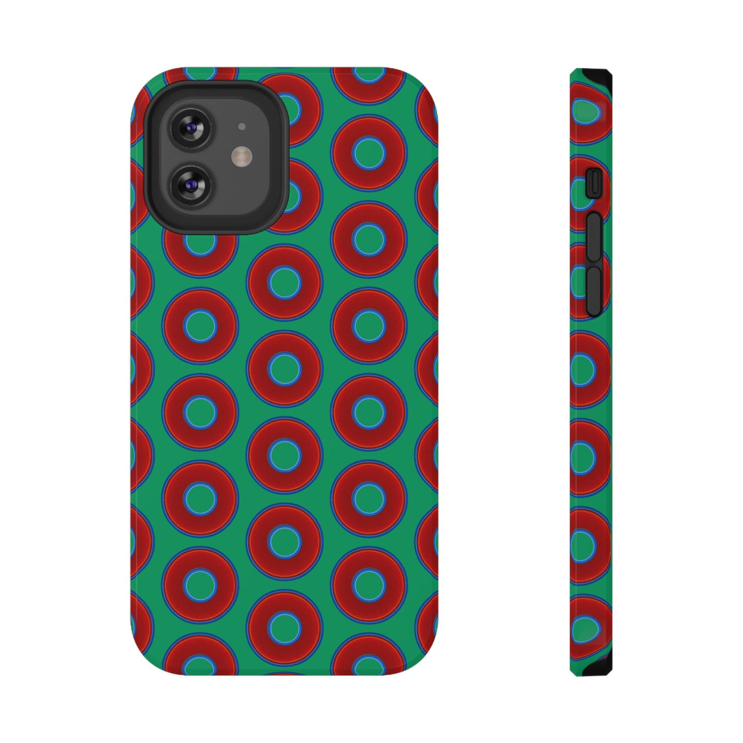 Impact-Resistant Lumpy Donut Case - red vivid donut print w/jade green background