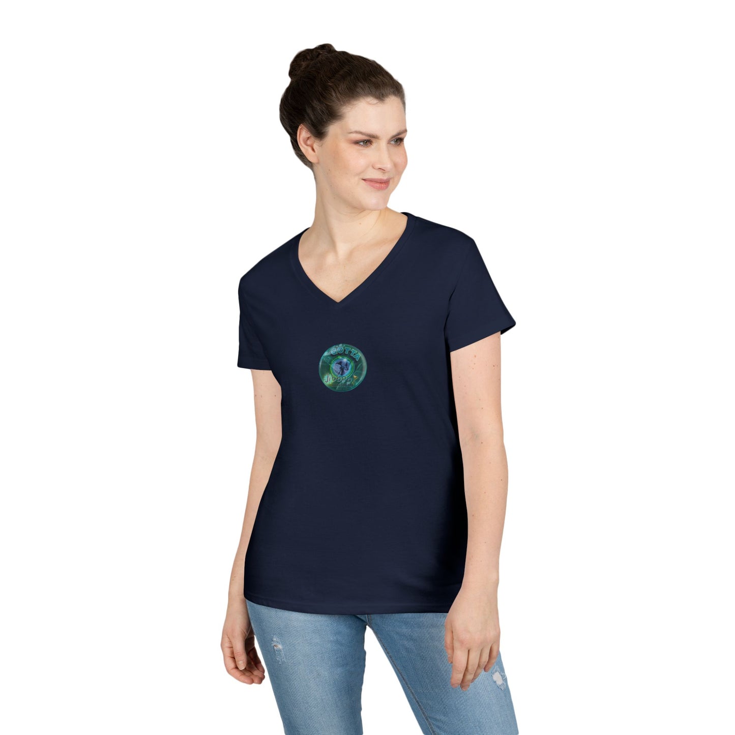 Women's Donut V-Neck Tee - "Momma just got out of Sing Sing" - vivid teal green donut w/