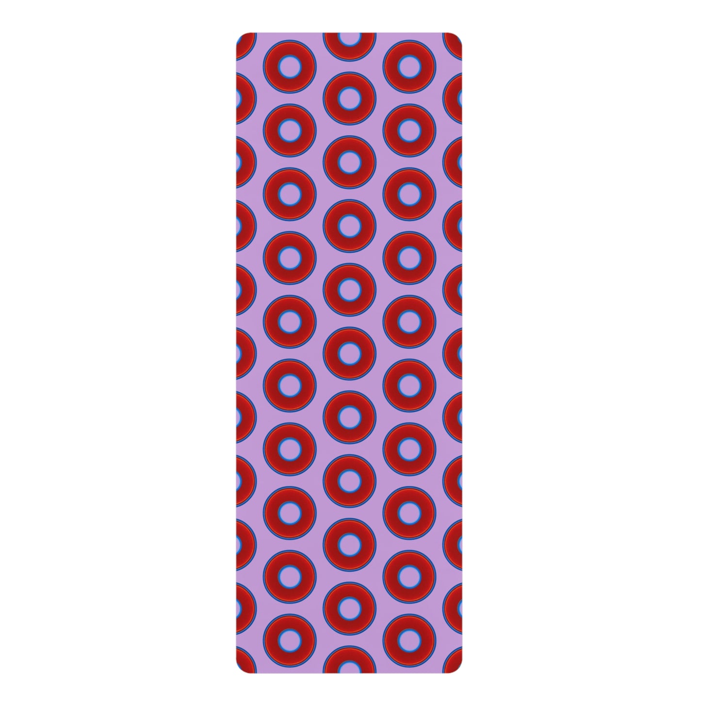 Lumpy Donut Yoga Mat :) - 24″ x 70" - vivid red donut print w/wisteria purple background