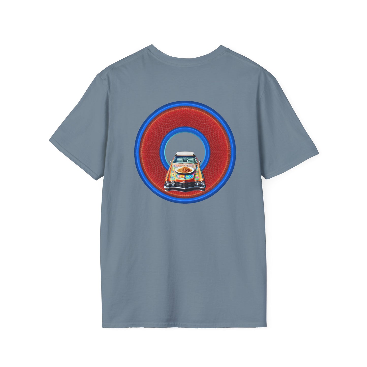 Classic Donut Tee - Unisex Soft-Style - "Cadillac Rainbows Spaghetti Incident" - series 1.0  - variant 4 - red/blue donut