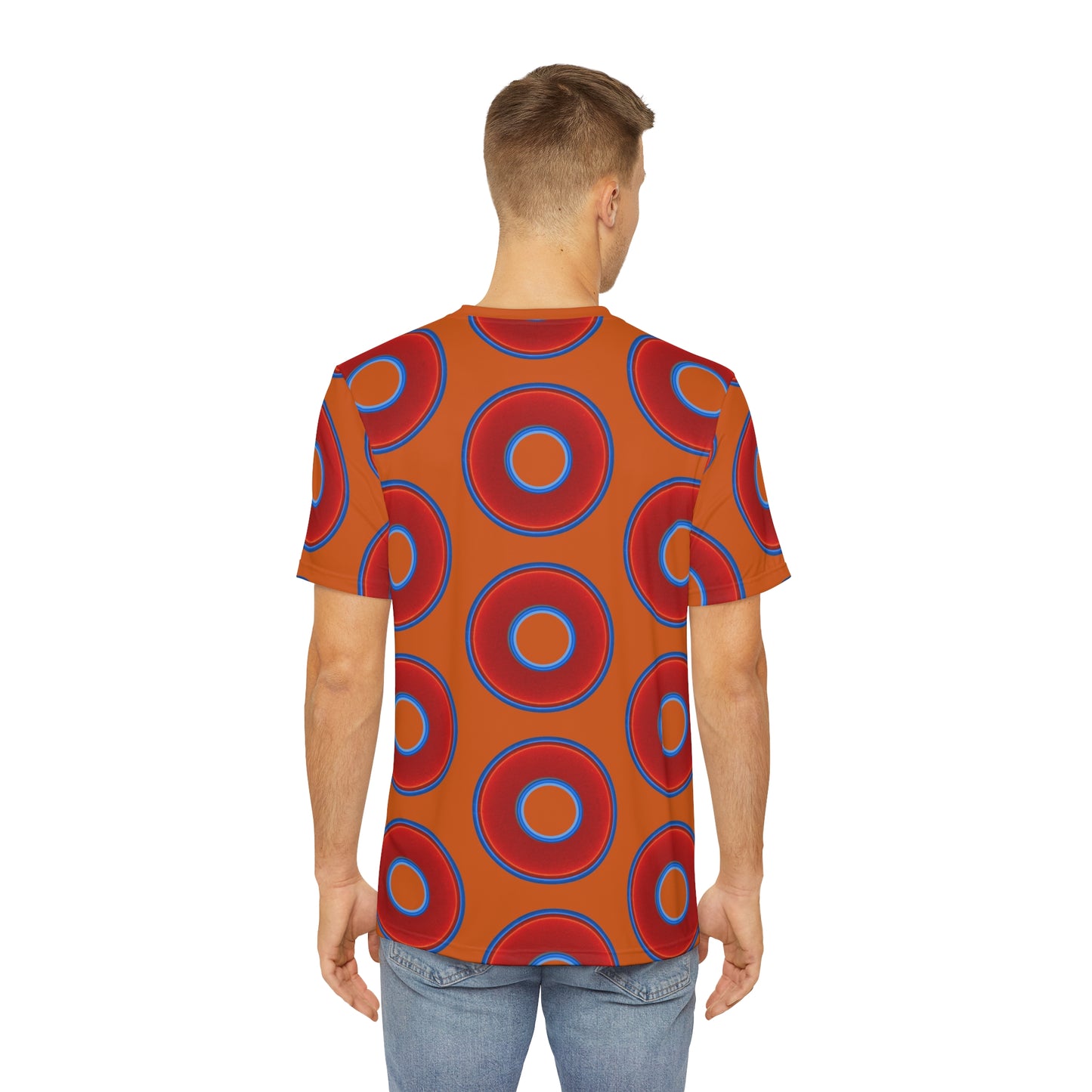 Multi-Beastie Giant Donut AOP Polyester Tee - red vivid donut print w/dark orange background