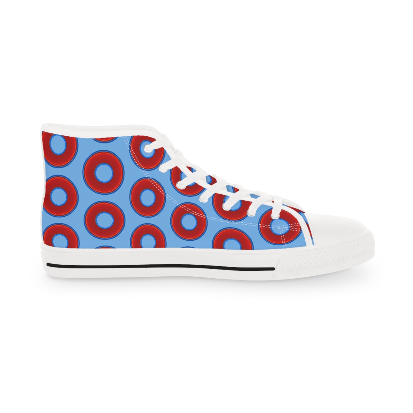 Men's High Top Chucks - large vivid red donut print w/light blue background