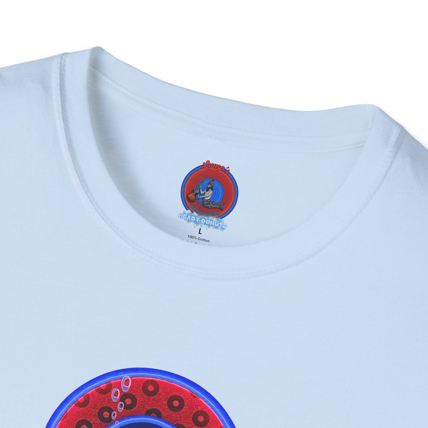 Classic Donut Tee - Unisex Soft-Style - "The Cat's Meow Donut' - red/blue paradox widemouthed donut