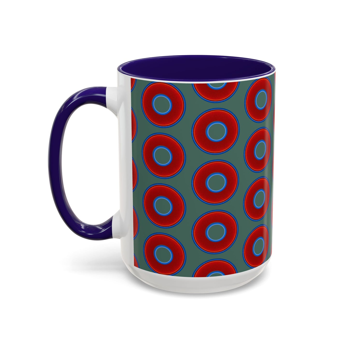 Lump's Grumpy Coffee Mug - vivid red donuts w/Fenway green background