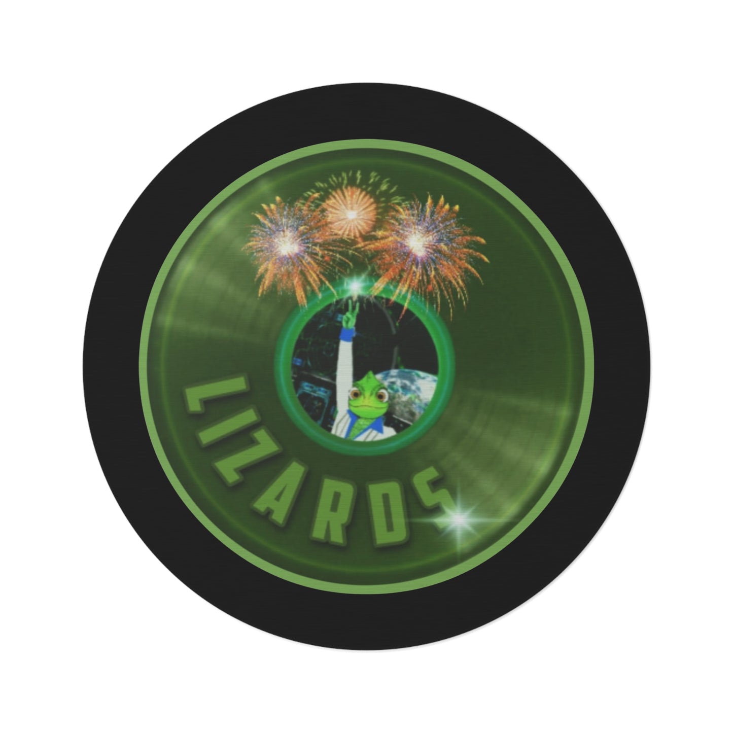 Round Room - 5 ft x 5 ft Lumpy Donut Rug - "Rutherford's Staying Alive Donut Rug" - vivid green record donut w/black background - variant 1