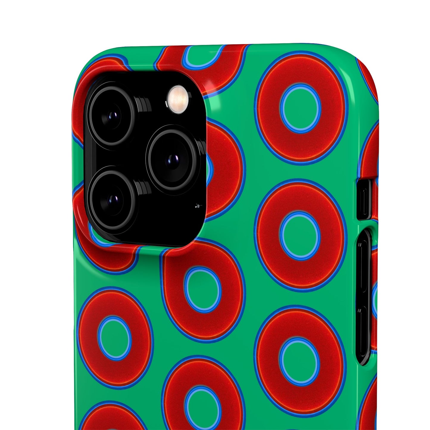 Lumpy Donut Snap Case - red vivid donut print w/jade green background